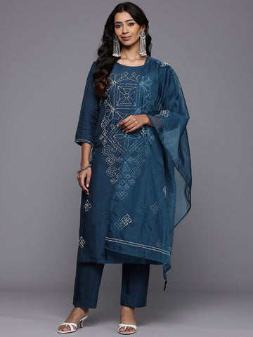 Varanga Women Navy Blue Hand Embroidered Straight Kurta with Trousers and Embroidered Dupatta.